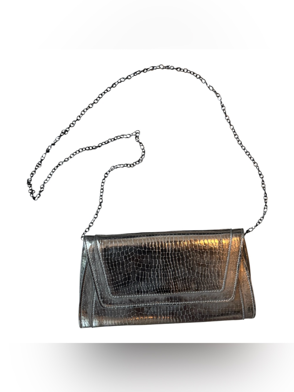 Crossbody Bag Metallic Silver Croc-Embossed Chain